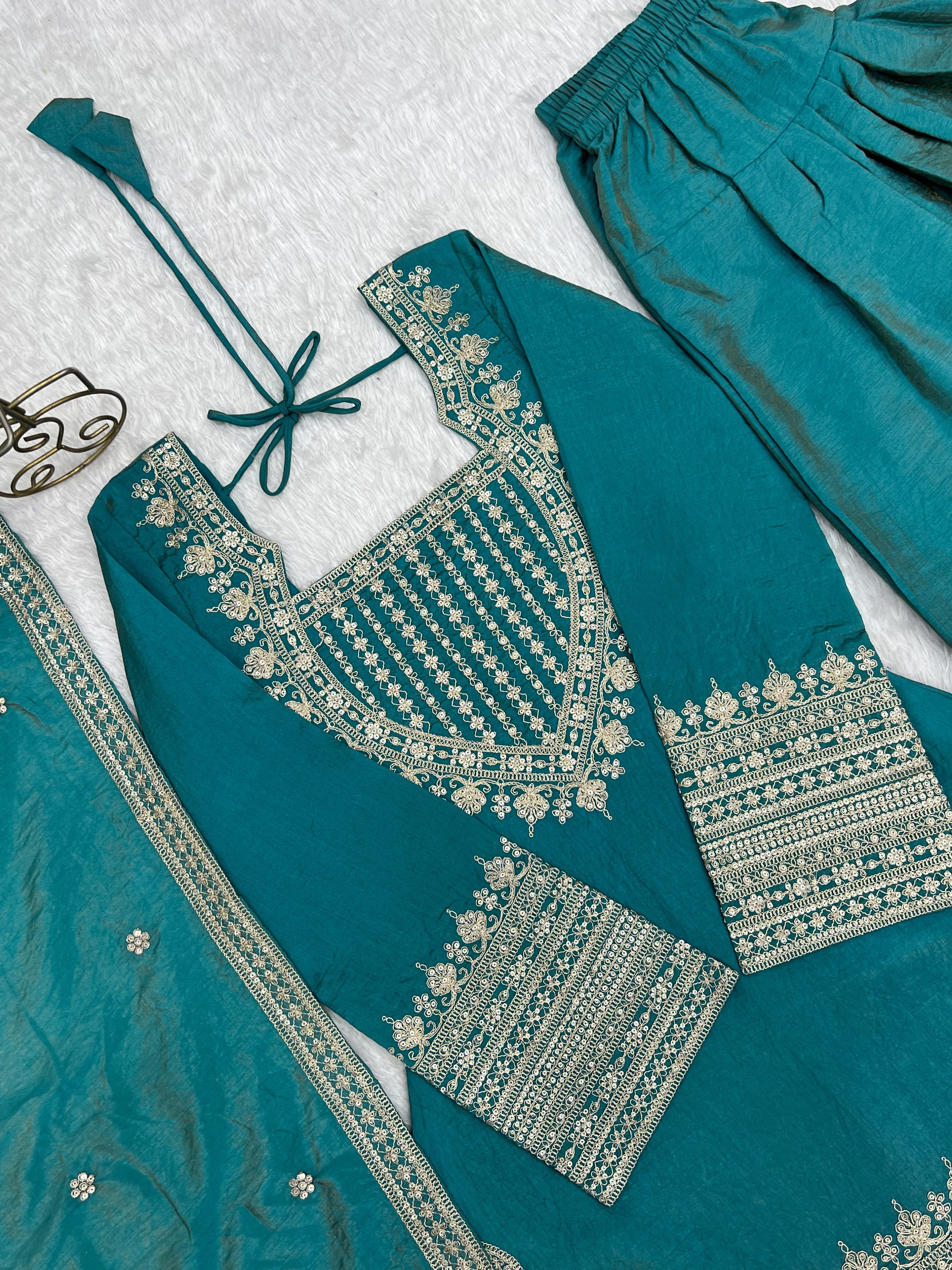Vichitra Silk Embroidered Farshi Salwar Set – Sea Green