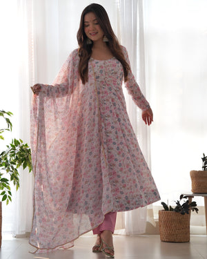 Heavy Orange Chiffon Floral Print Printed Anarkali Set – White Pink