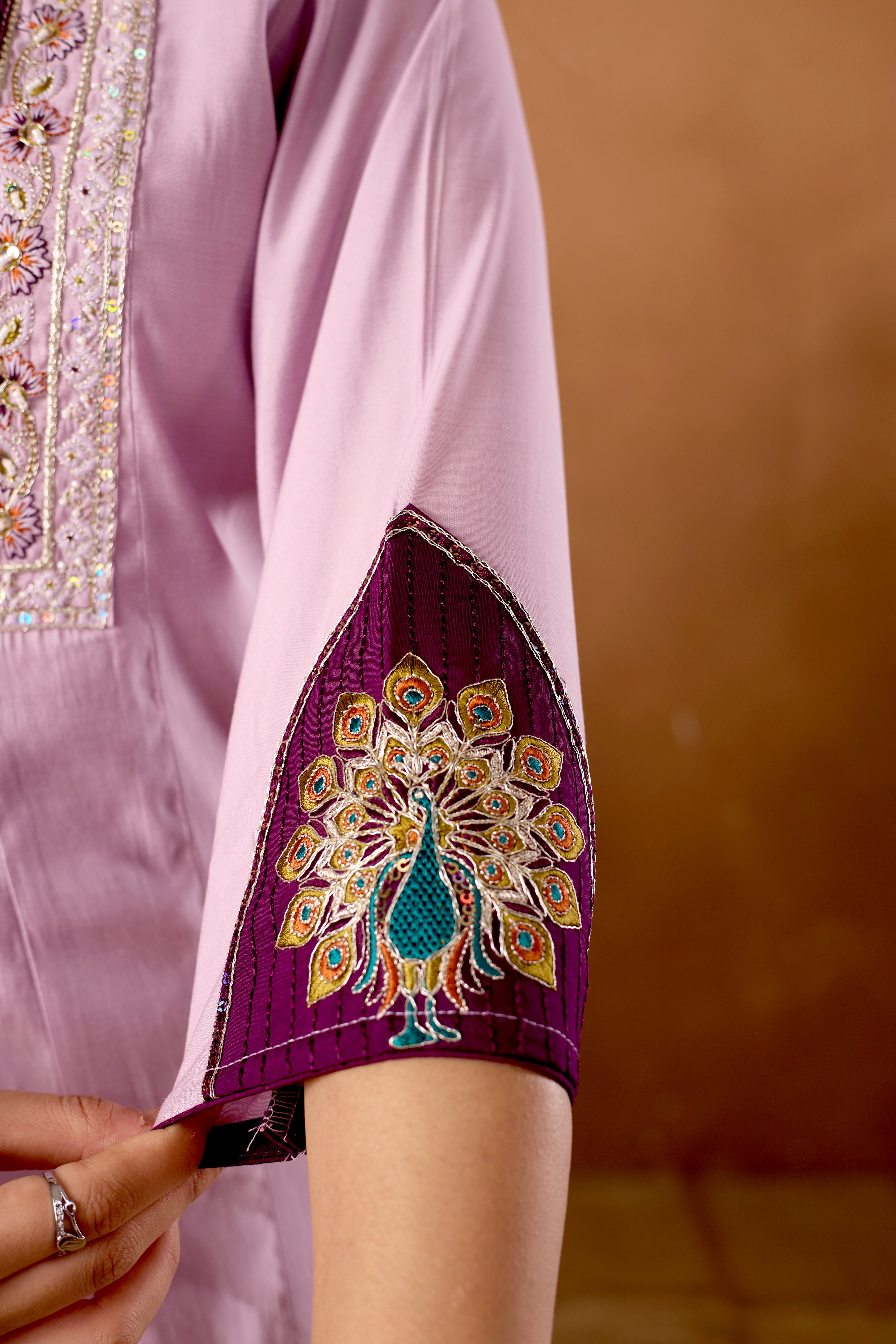Roman Silk Embroidered Anarkali Kurti Set – Light Lovender