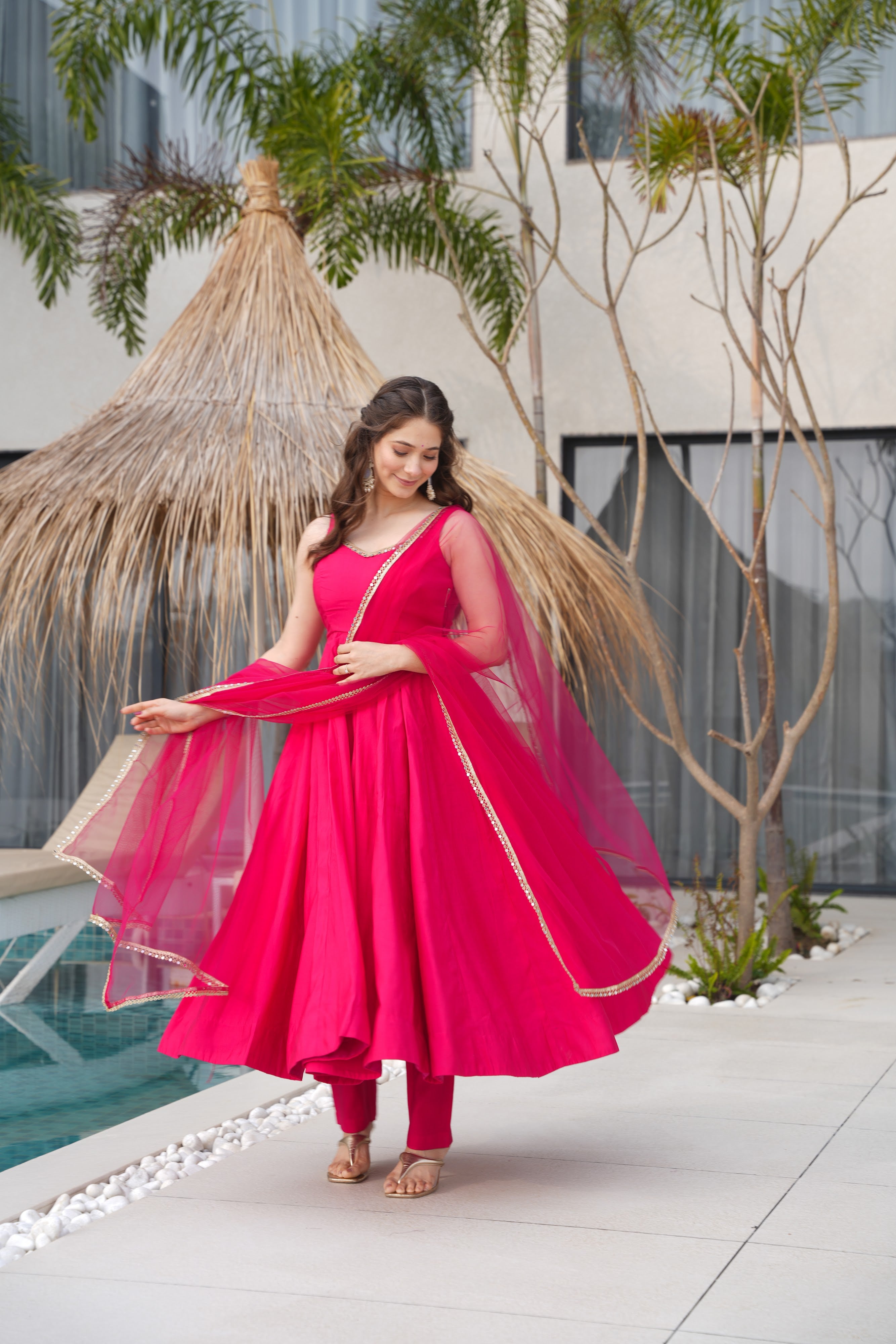 Roman Chanderi Silk Embroidered Anarkali Set – Rani Pink