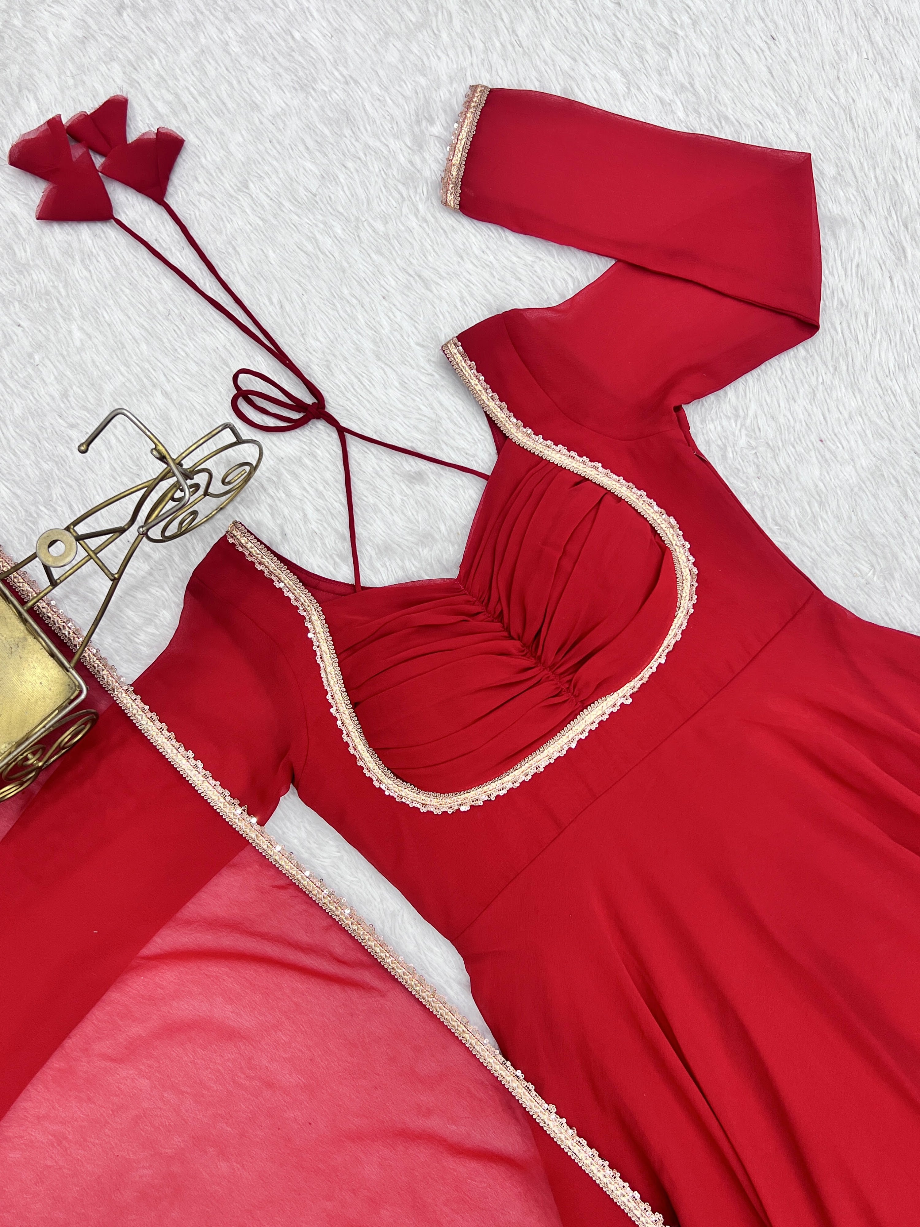 Georgette Embroidered Gown Set – Red
