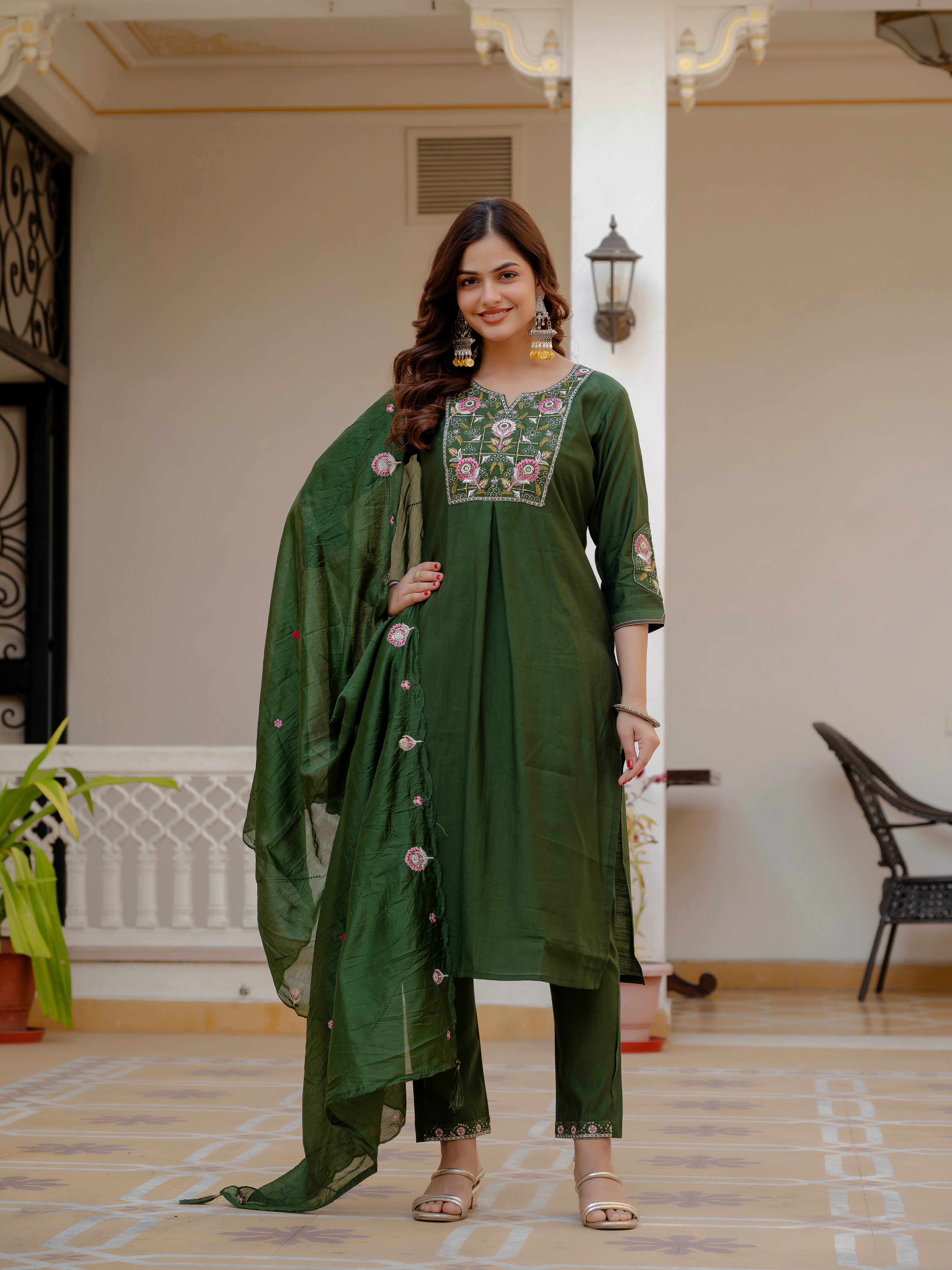Pure Viscose Mango Silk Embroidered Straight Kurti Set – Green