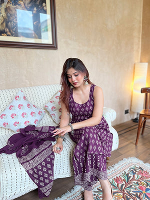 Rayon Slub Printed Kurta Pant Dupatta Set – Purple