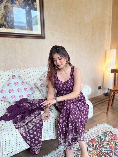 Rayon Slub Printed Kurta Pant Dupatta Set – Purple