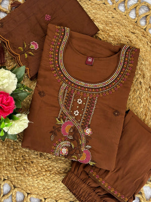 Roman Silk Embroidered Straight Kurti Set – Brown