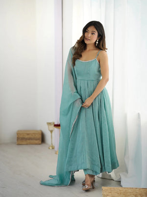 Crunchy Silk Embroidered Anarkali Set – Aqua Blue
