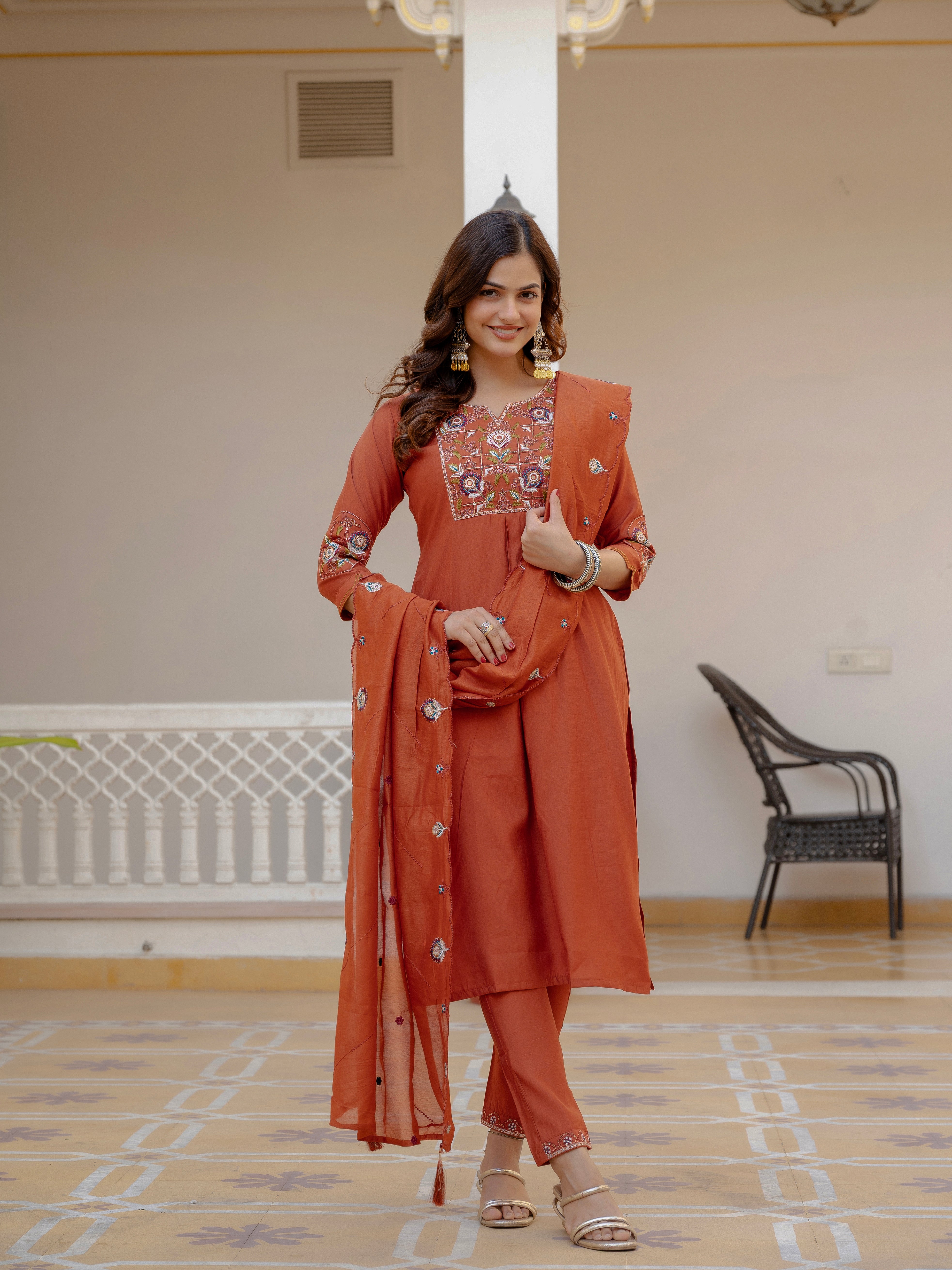 Pure Viscose Mango Silk Embroidered Straight Kurti Set – Rust