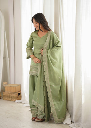 Glass Roman Silk Embroidered Farshi Salwar Set – Sage Green