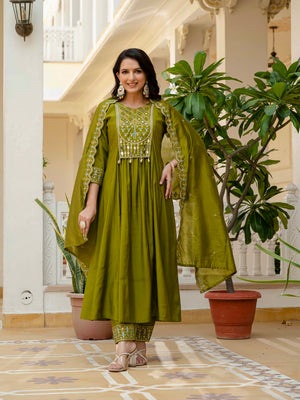 Viscose Roman Silk Embroidered Anarkali Kurti Set – Mahendi