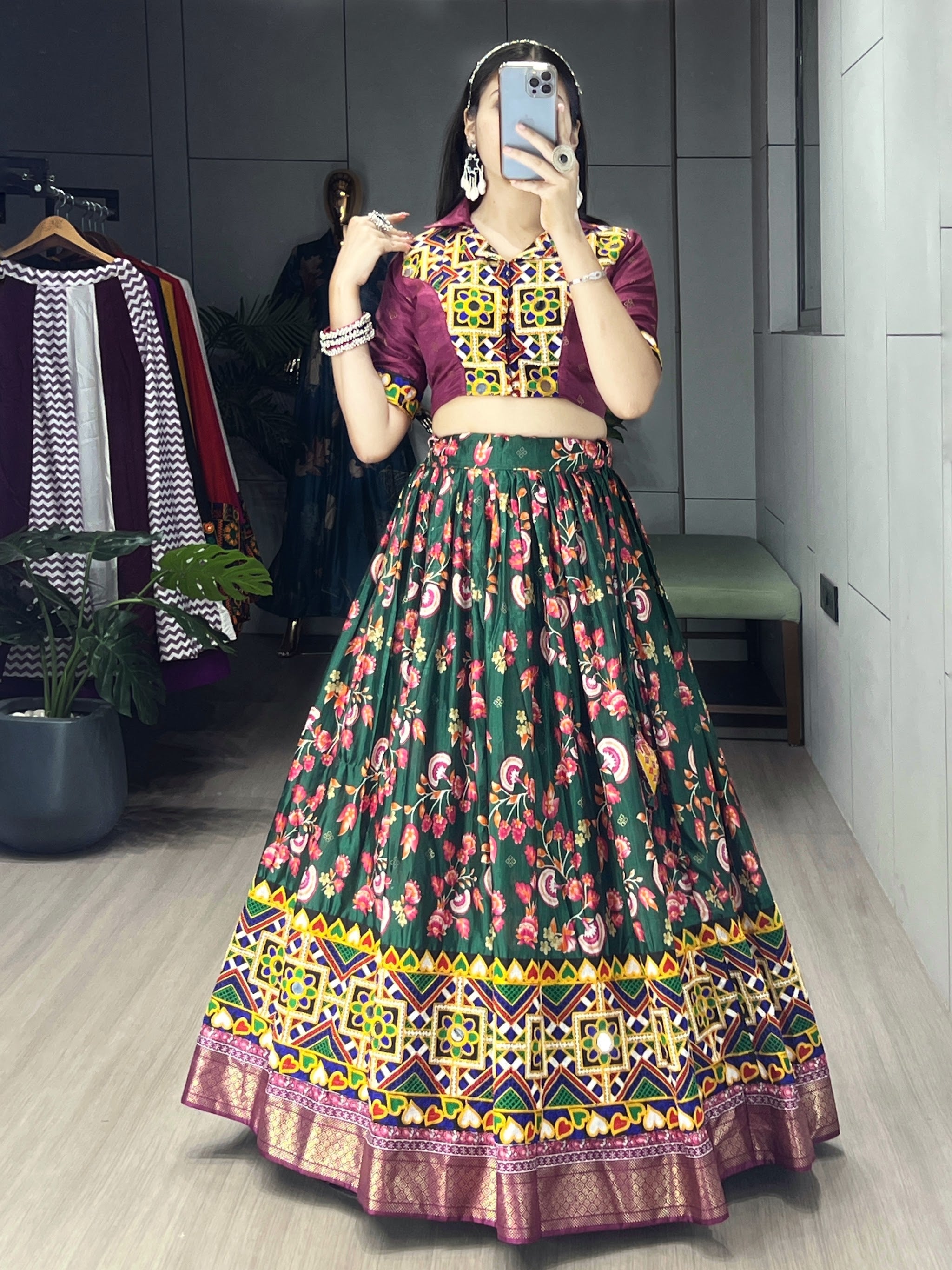 Navratri Green Floral Lehenga Set