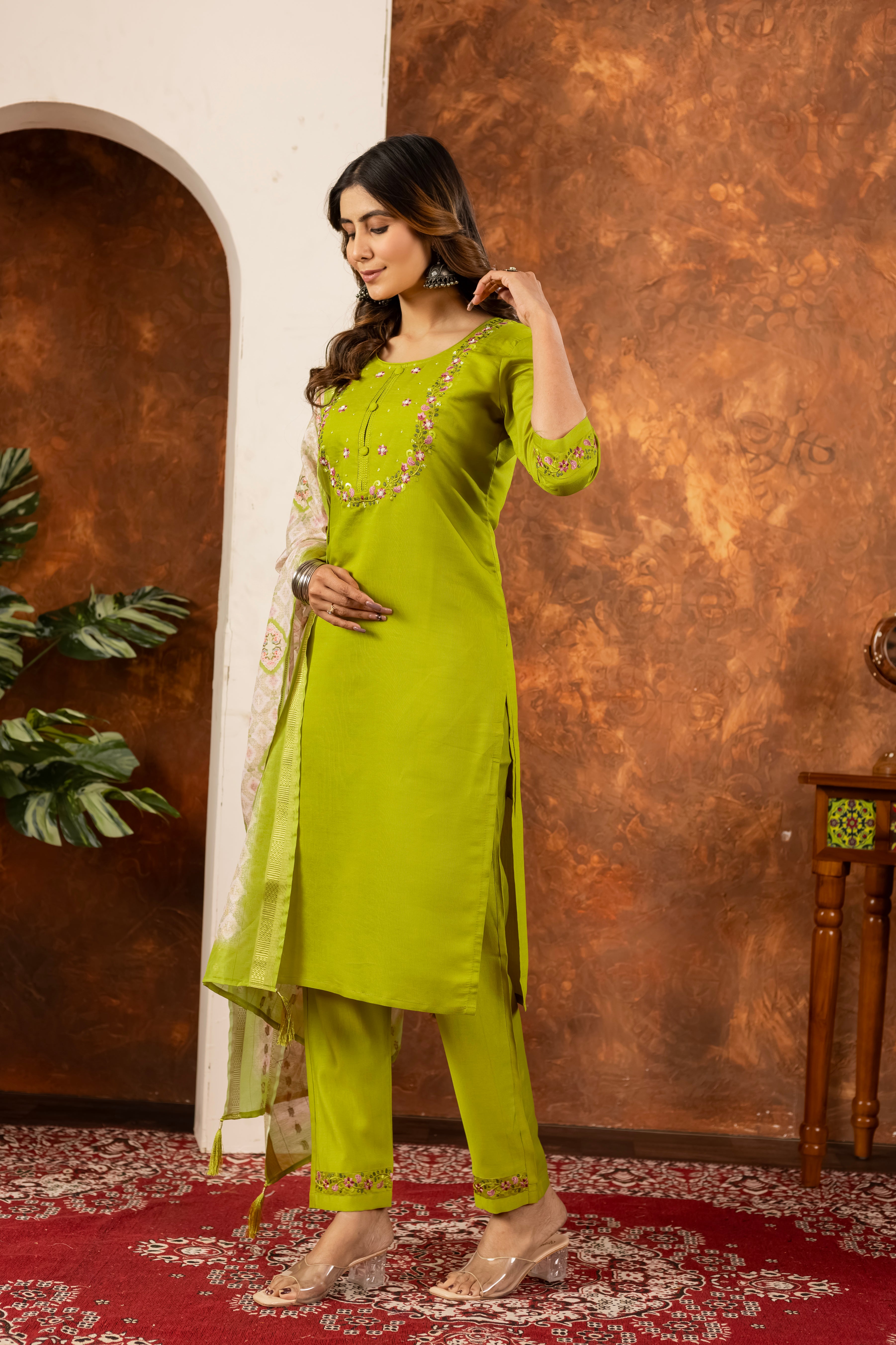 Marina Silk Embroidered Straight Kurti Set – Parrot Green