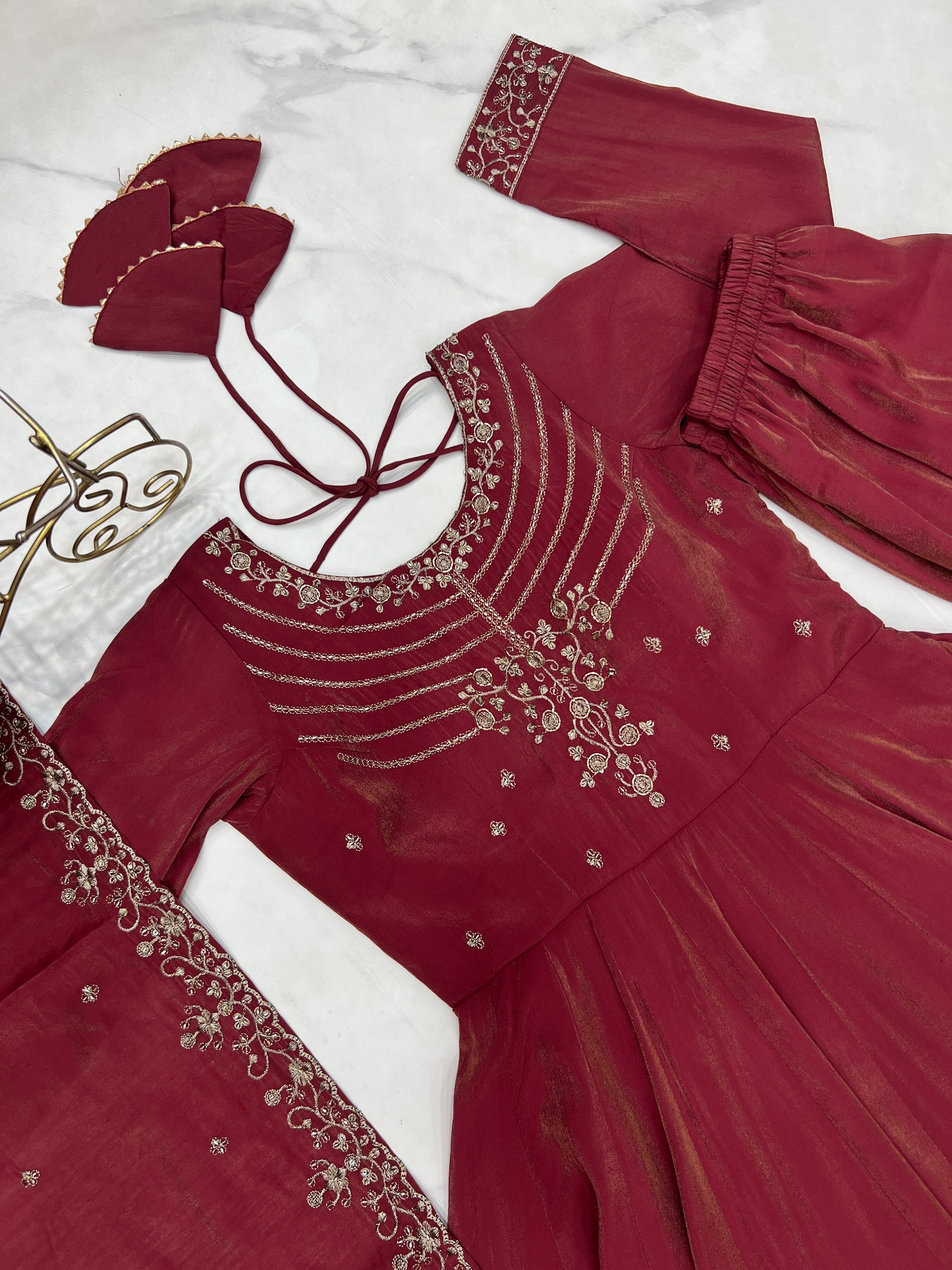 Roman Shimmer Silk Embroidered Anarkali Set – Maroon