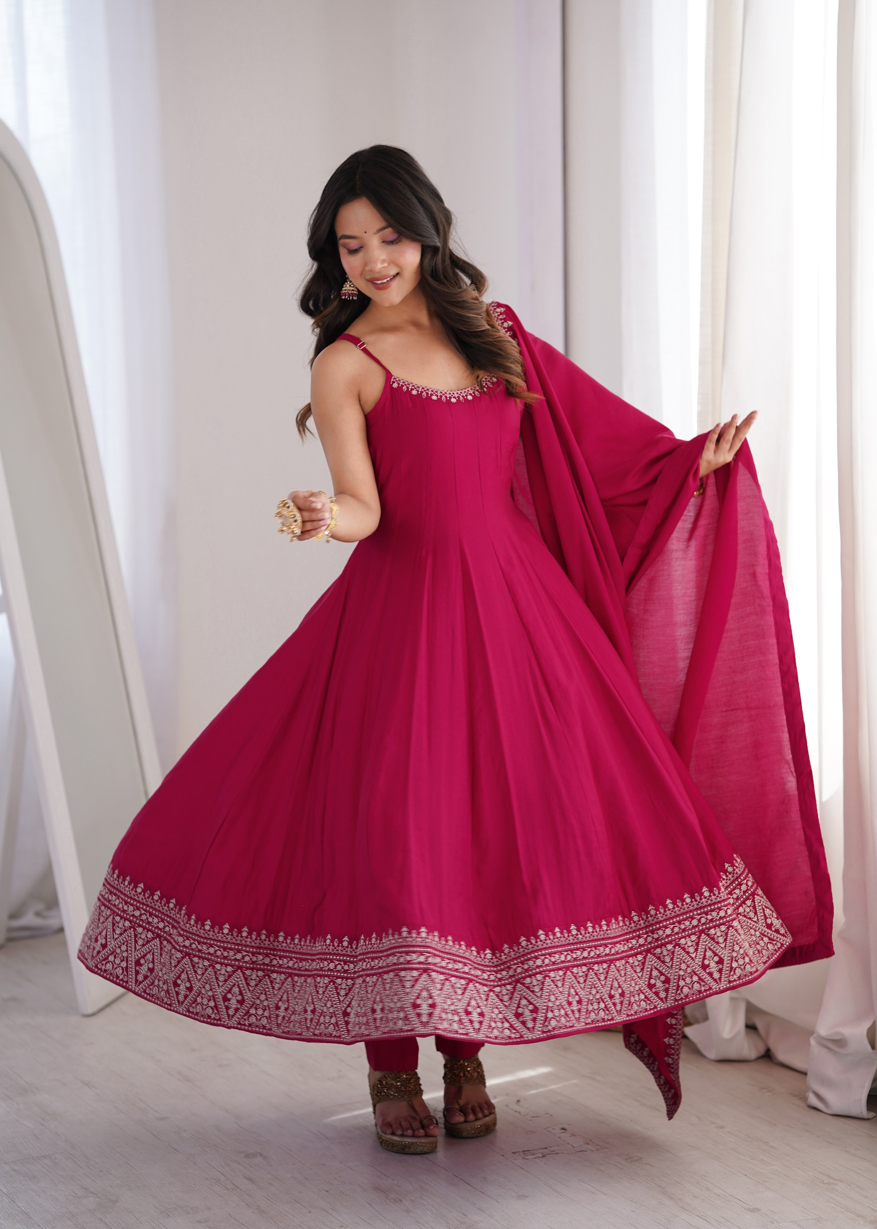 Roman Chanderi Silk Embroidered Anarkali Set – Rani Pink