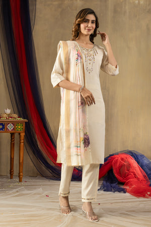 Shimmer Gold Silk Embroidered Straight Kurti Set – Off White