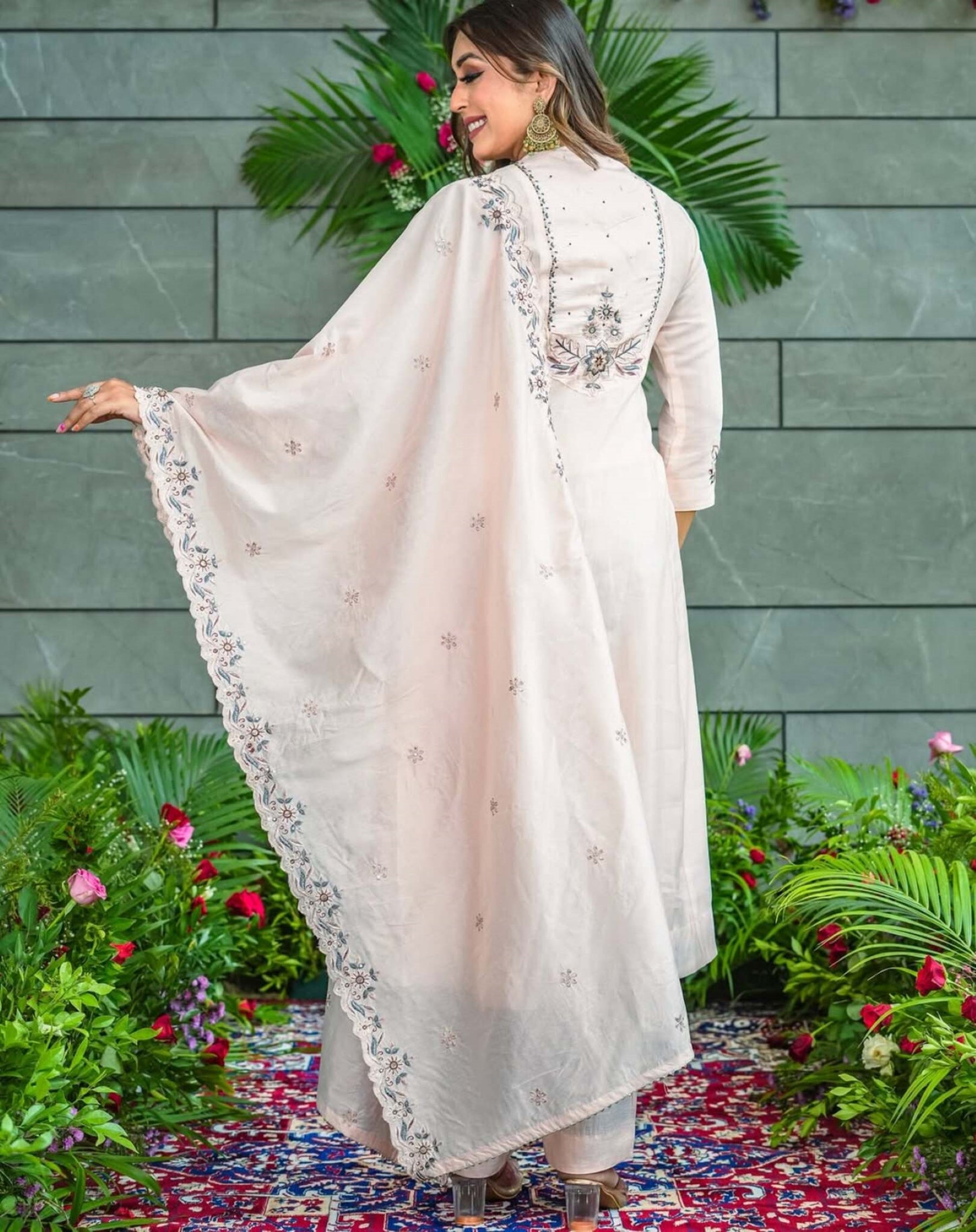 Muslin Cotton Embroidered Kurta Pant Dupatta Set – Ivory