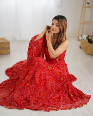 Soft Lightweight Chiffon Bandhej Embroidered Gown Set – Red