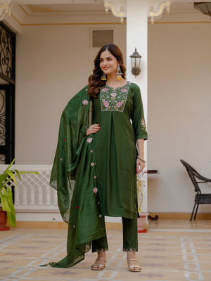 Pure Viscose Mango Silk Embroidered Straight Kurti Set – Green