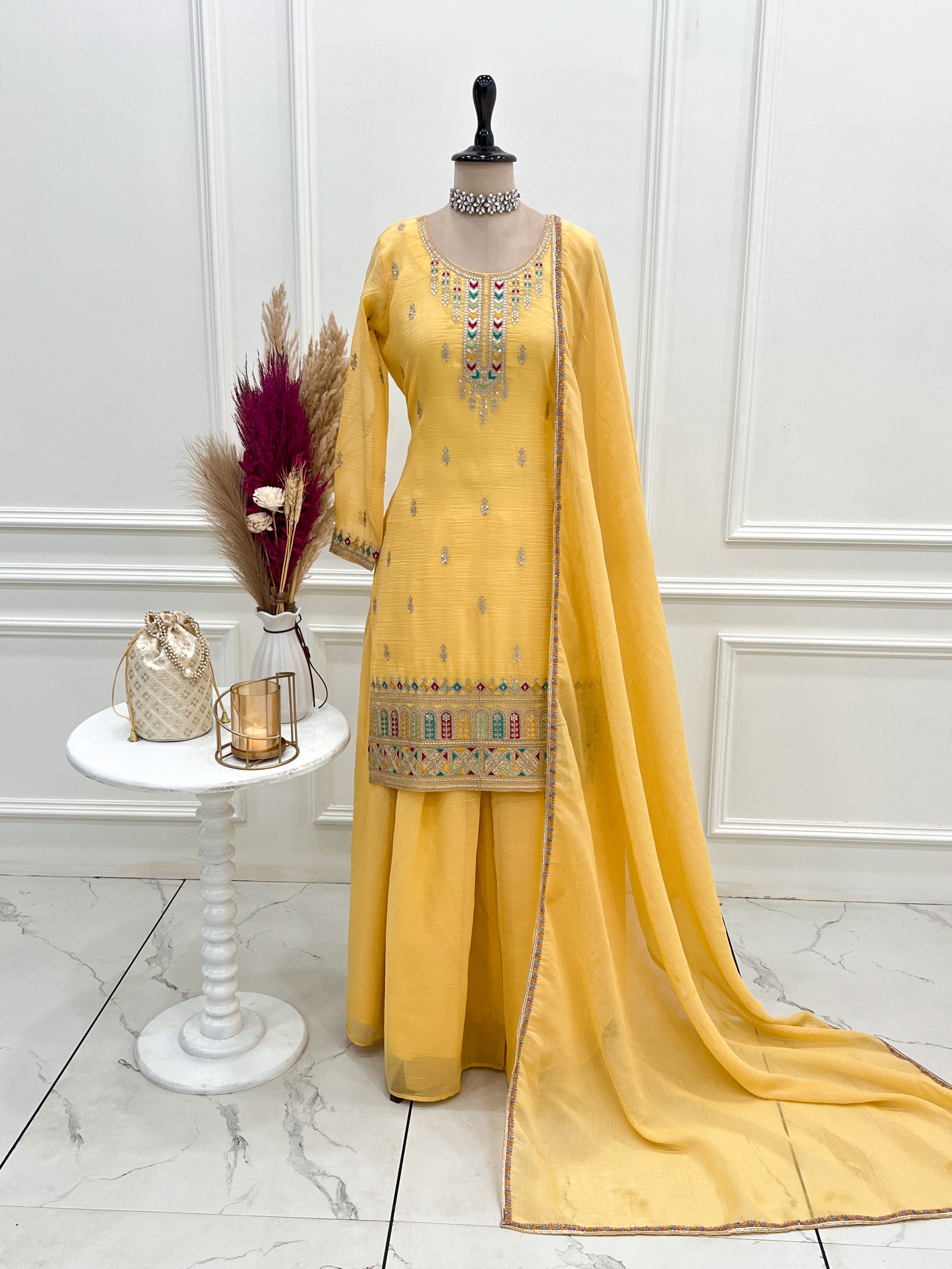 Crunchy Silk Embroidered Kurta-Sharara Set – Yellow