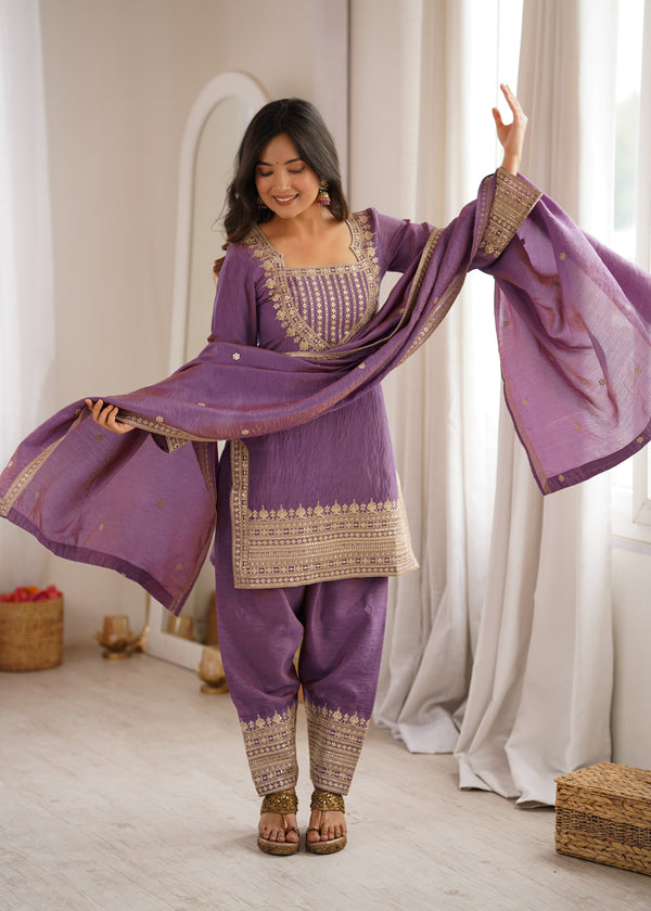 Vichitra Silk Embroidered Farshi Salwar Set – Onion Pink