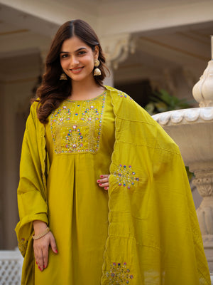 Pure Viscose Mango Silk Embroidered Straight Kurti Set – Yellow