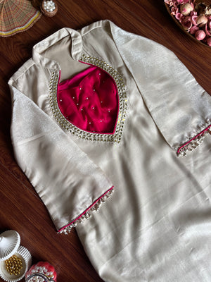 Roman Glass Silk Embroidered Kurti + Blouse + Palazzo Set – Ivory & Rani Pink