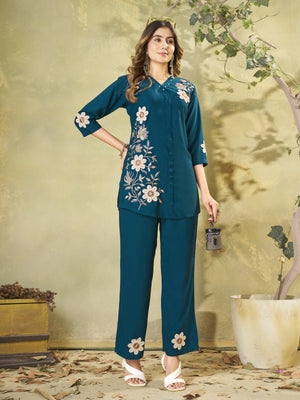 Heavy Rayon Embroidered Co-Ords Set – Morpich Blue