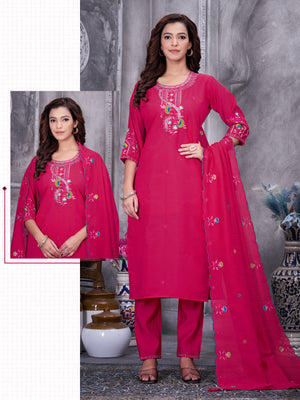Roman Silk Embroidered Straight Kurti Set – Red