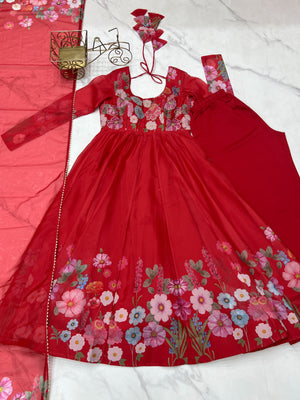 Organza Silk Printed Anarkali Set – Red