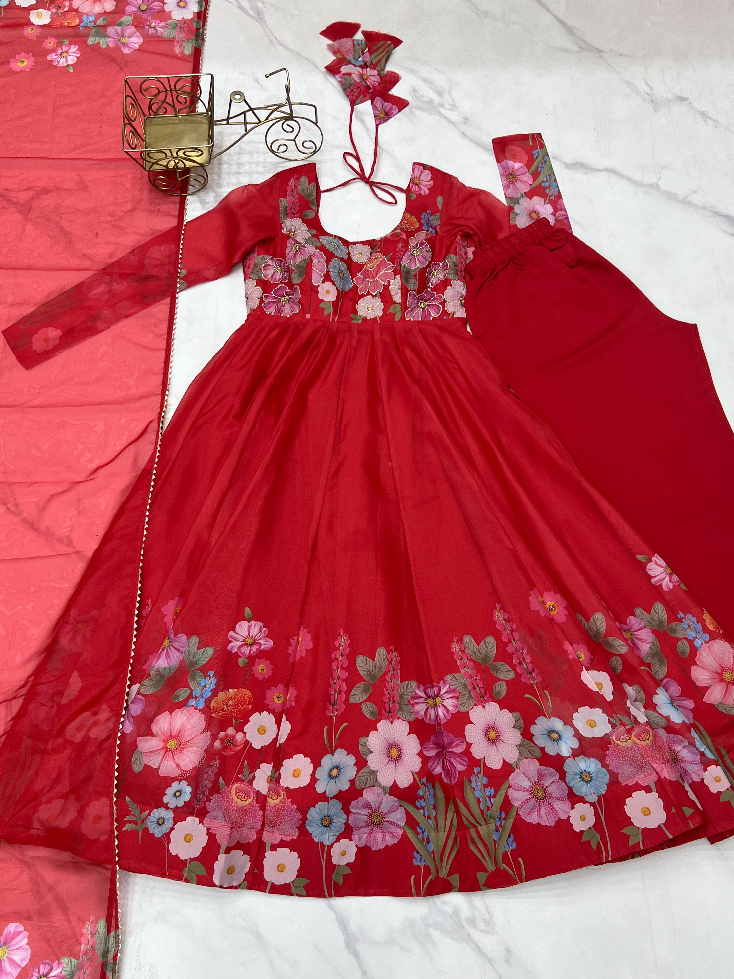 Organza Silk Printed Anarkali Set – Red