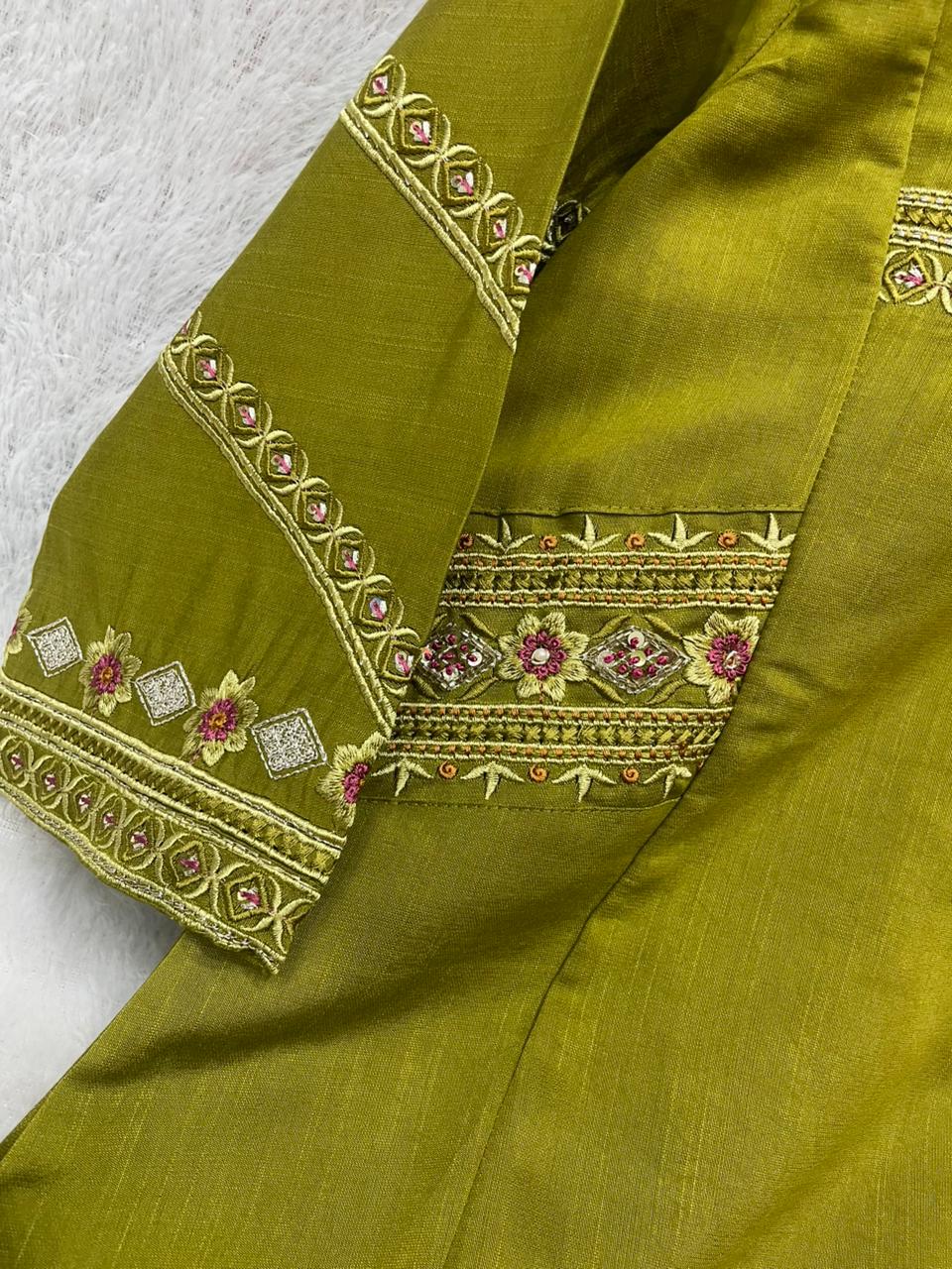 Viscose Mango Silk Embroidered Anarkali Kurti Set – Mahendi Green