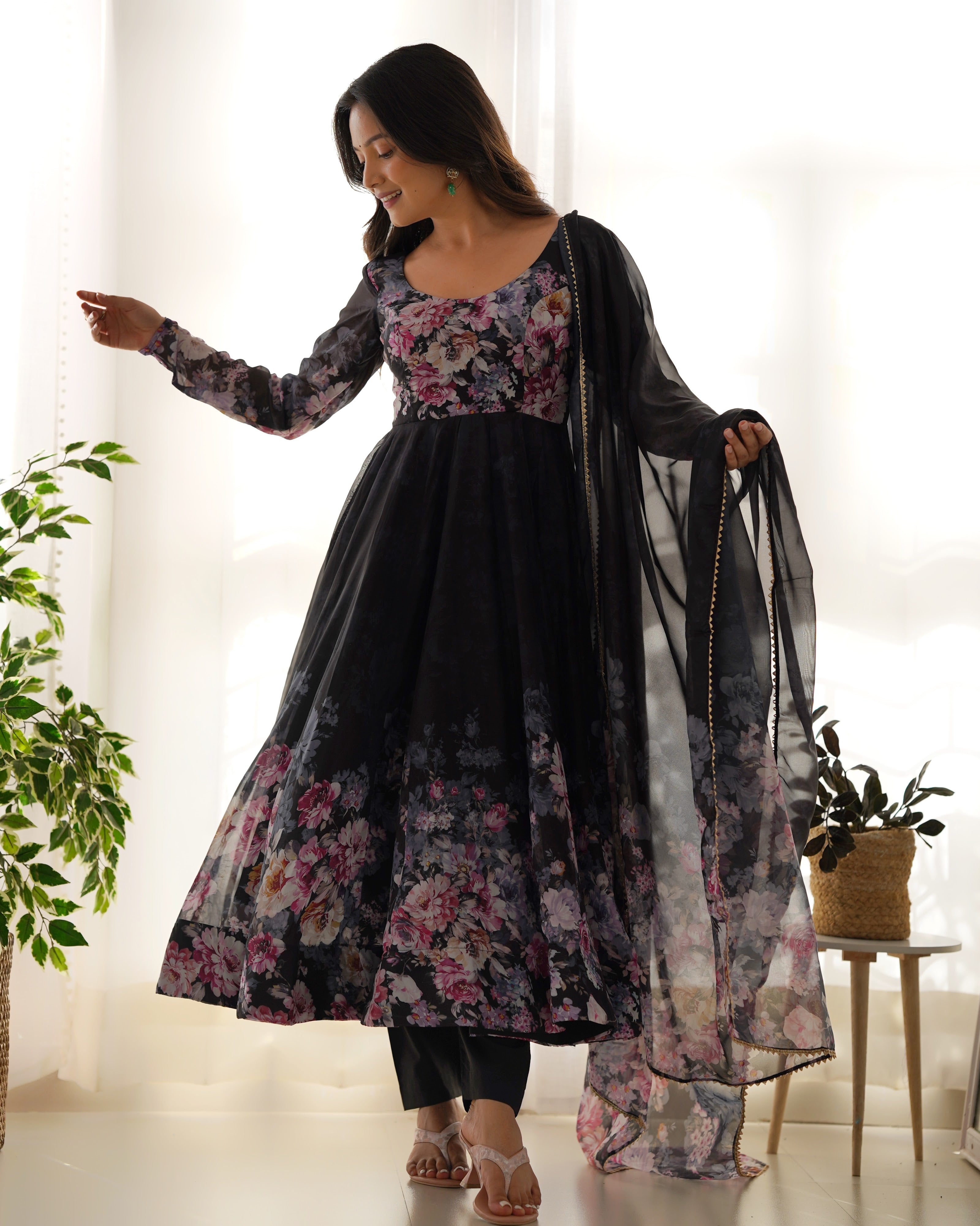 Organza Silk Printed Anarkali Set – Black