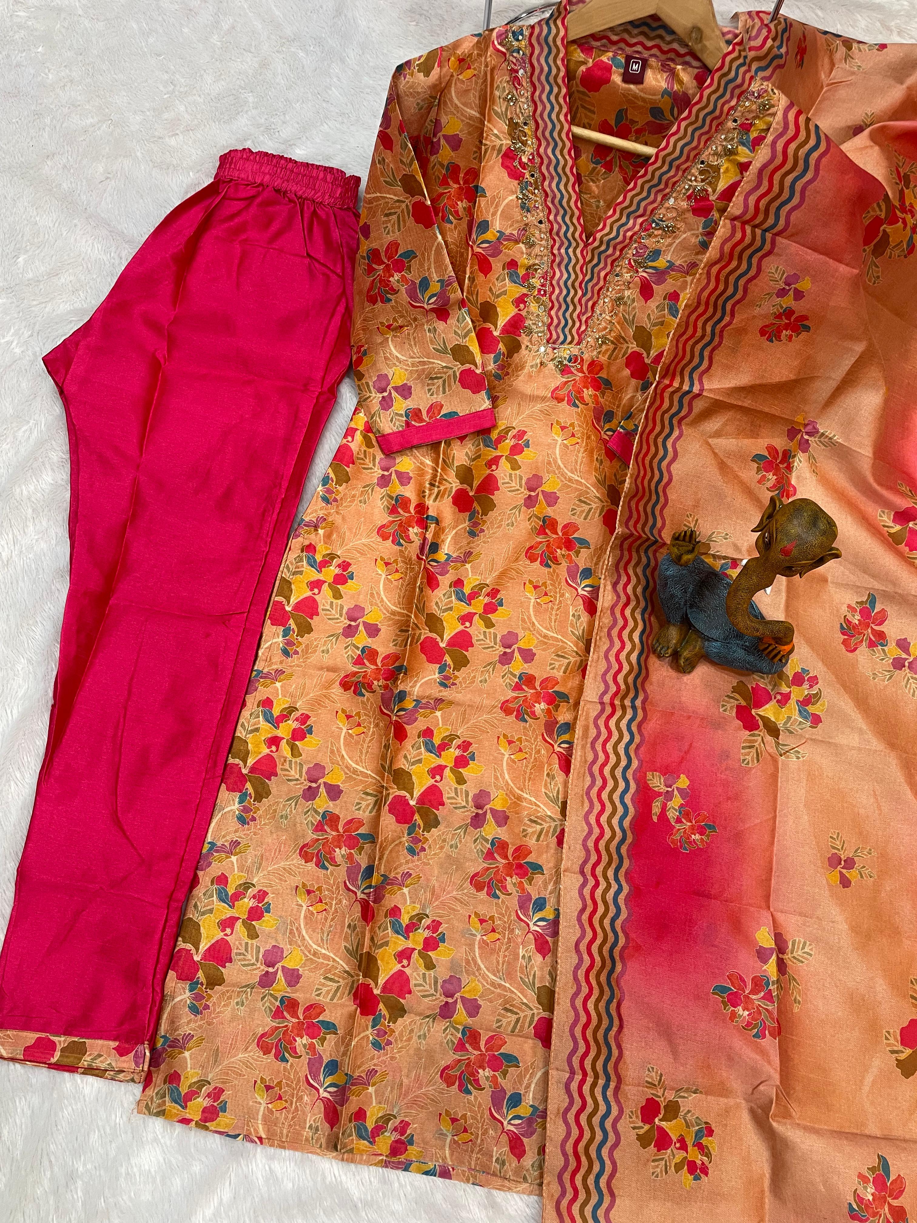 Zarna Silk Embroidered Straight Kurti Set – Peach Pink