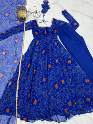 Soft Lightweight Chiffon Bandhej Fabric Inner Micro Cotton Embroidered Anarkali Set – Blue