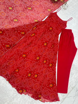 Soft Lightweight Chiffon Bandhej Embroidered Gown Set – Red