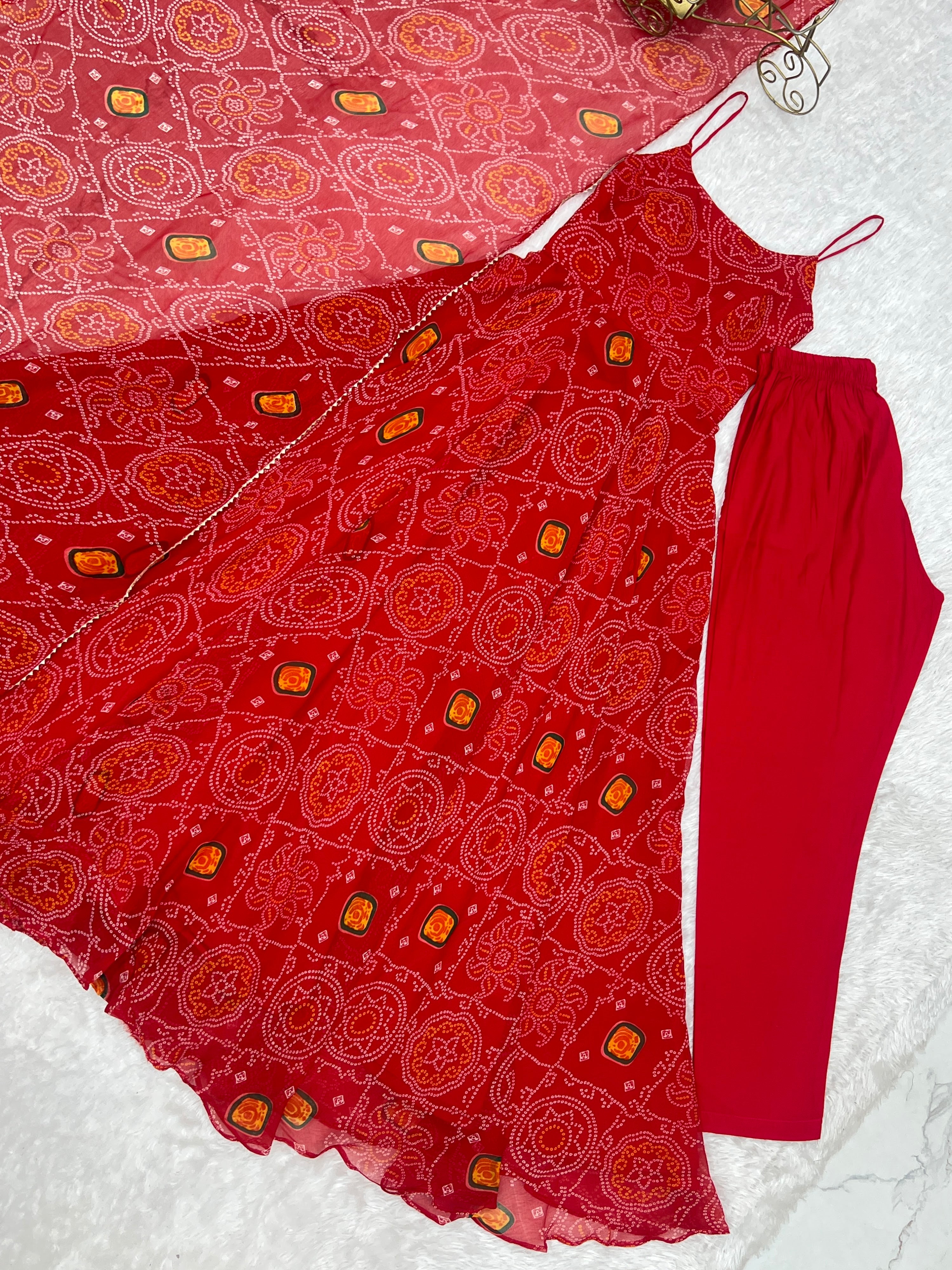 Soft Lightweight Chiffon Bandhej Embroidered Gown Set – Red