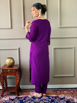 Rayon Slub Embroidered Kurta Pant Dupatta Set – Violet