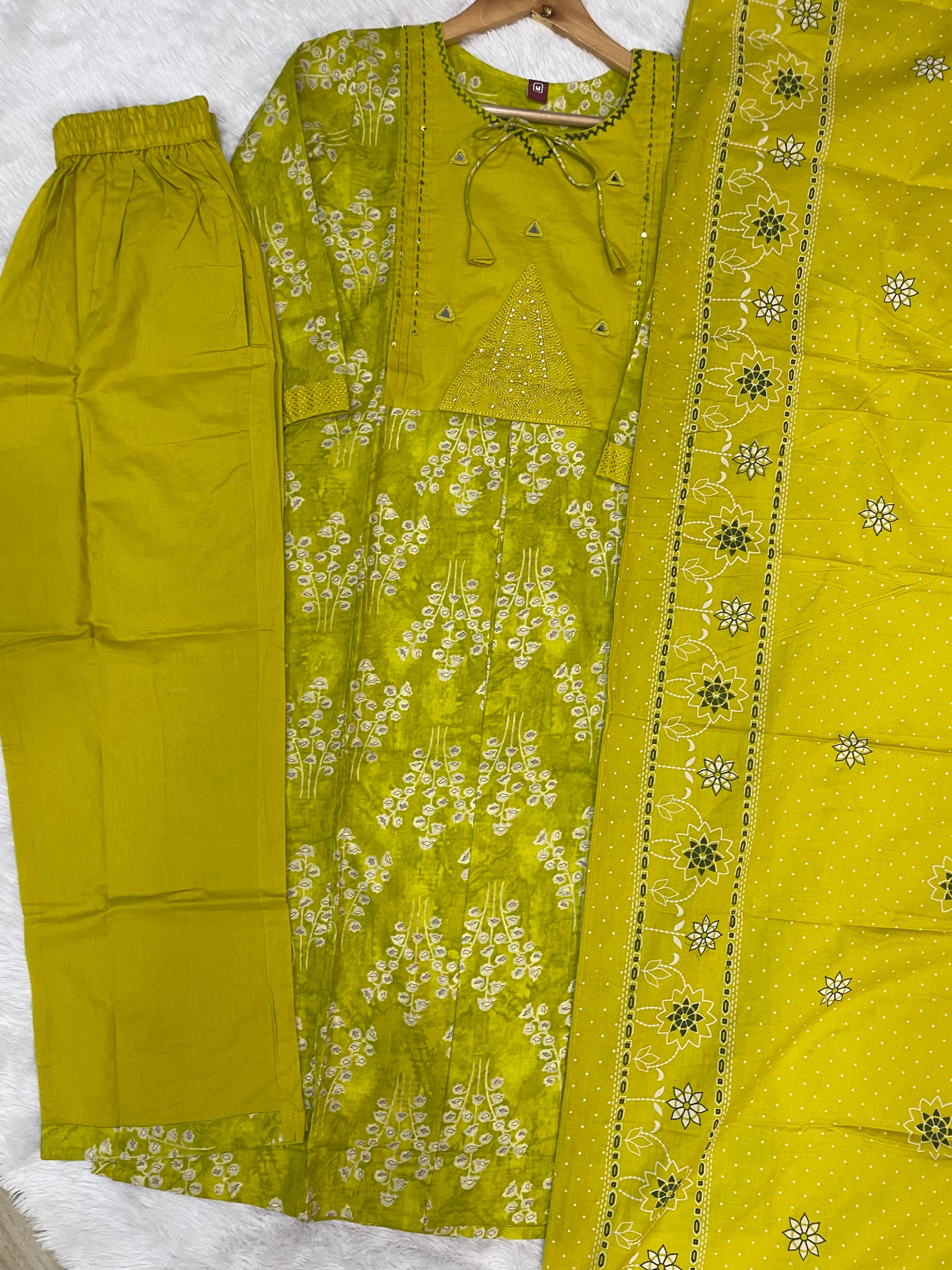 Pure Cotton Embroidered Straight Kurti Set – Yellow Green