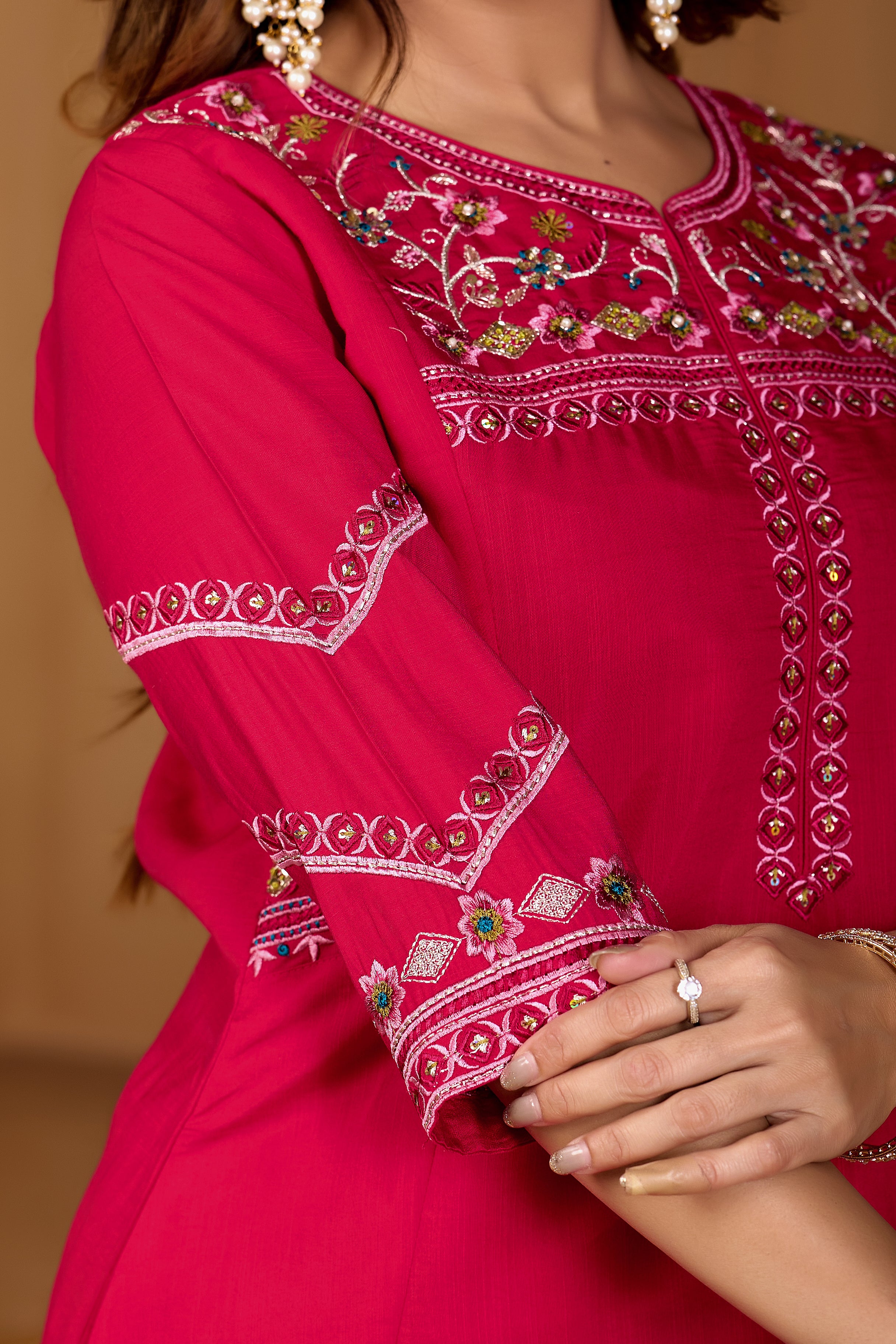 Viscose Mango Silk Embroidered Anarkali Kurti Set – Rani Pink