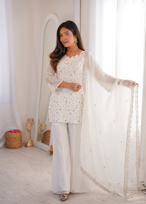 Crunchy Silk Embroidered Bell Bottom Set – Off White