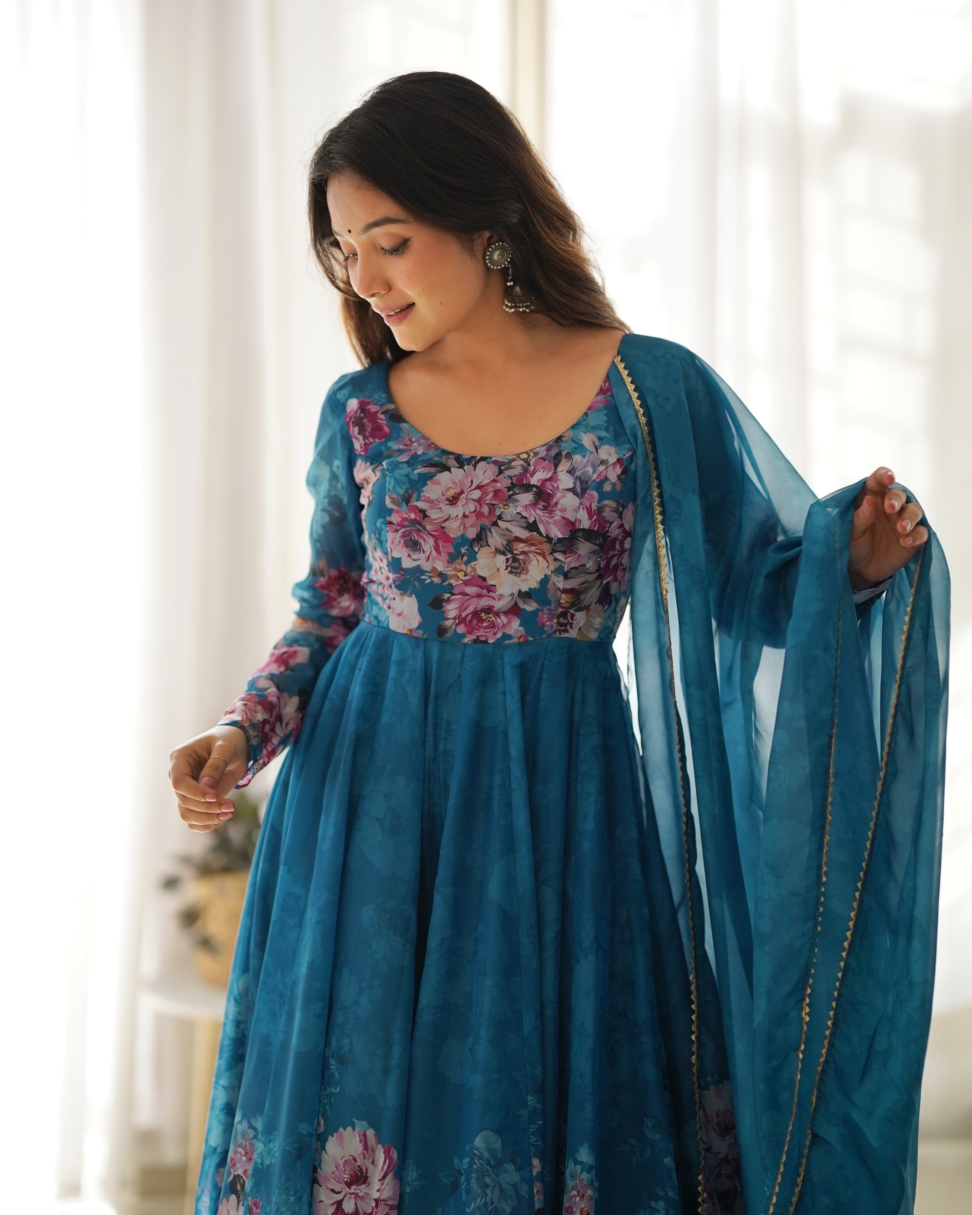 Organza Silk Printed Anarkali Set – Blue