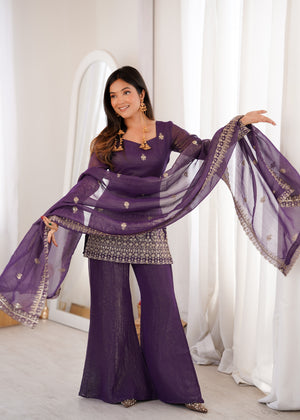 Crunchy Silk Embroidered Bell Bottom Set – Purple