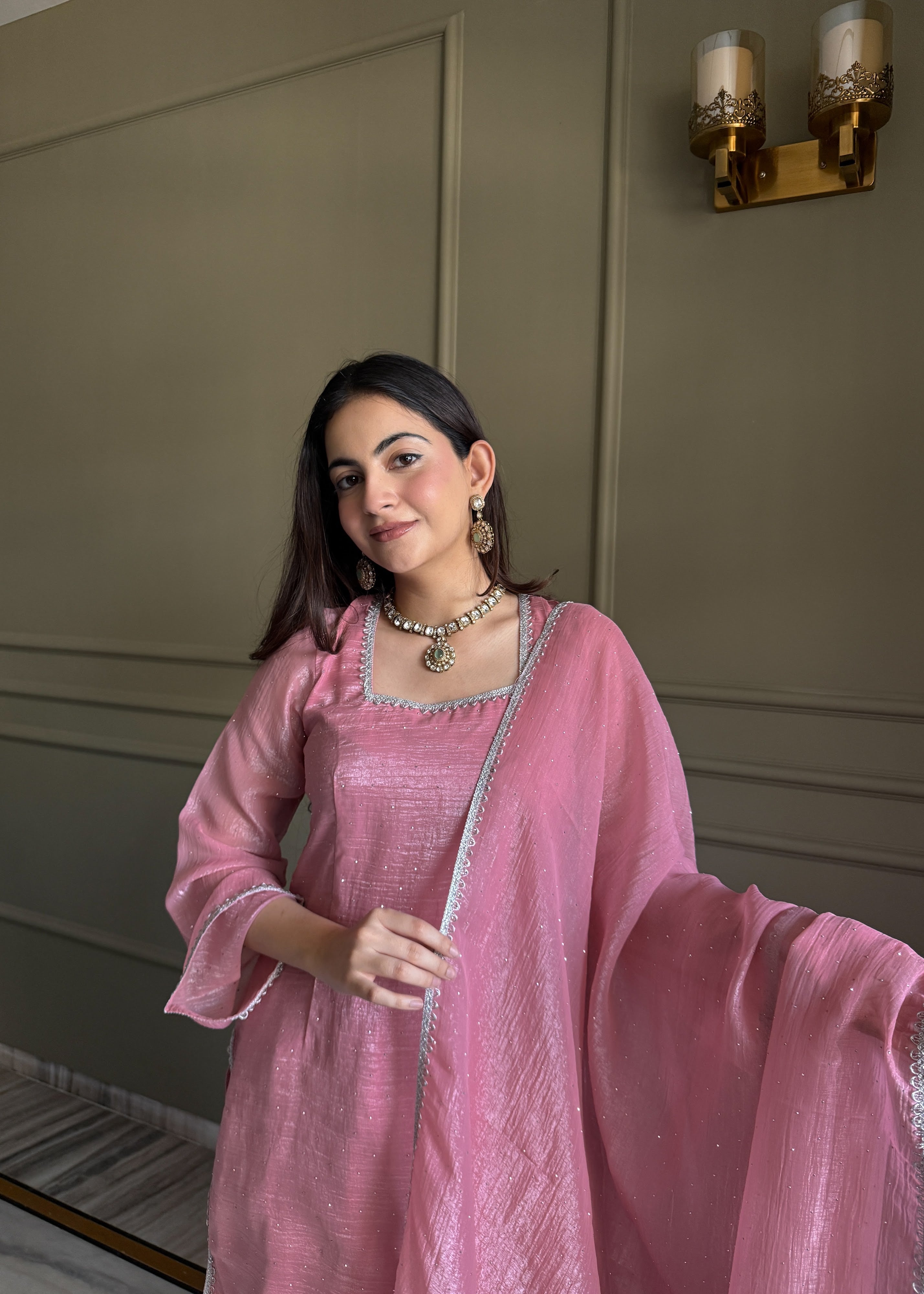 Crunchy Silk Embroidered Farshi Salwar Set – Pink