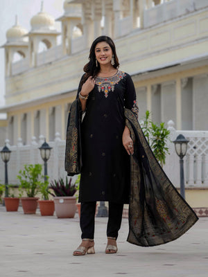 Premium Roman Silk Embroidered Straight Kurti Set – Black