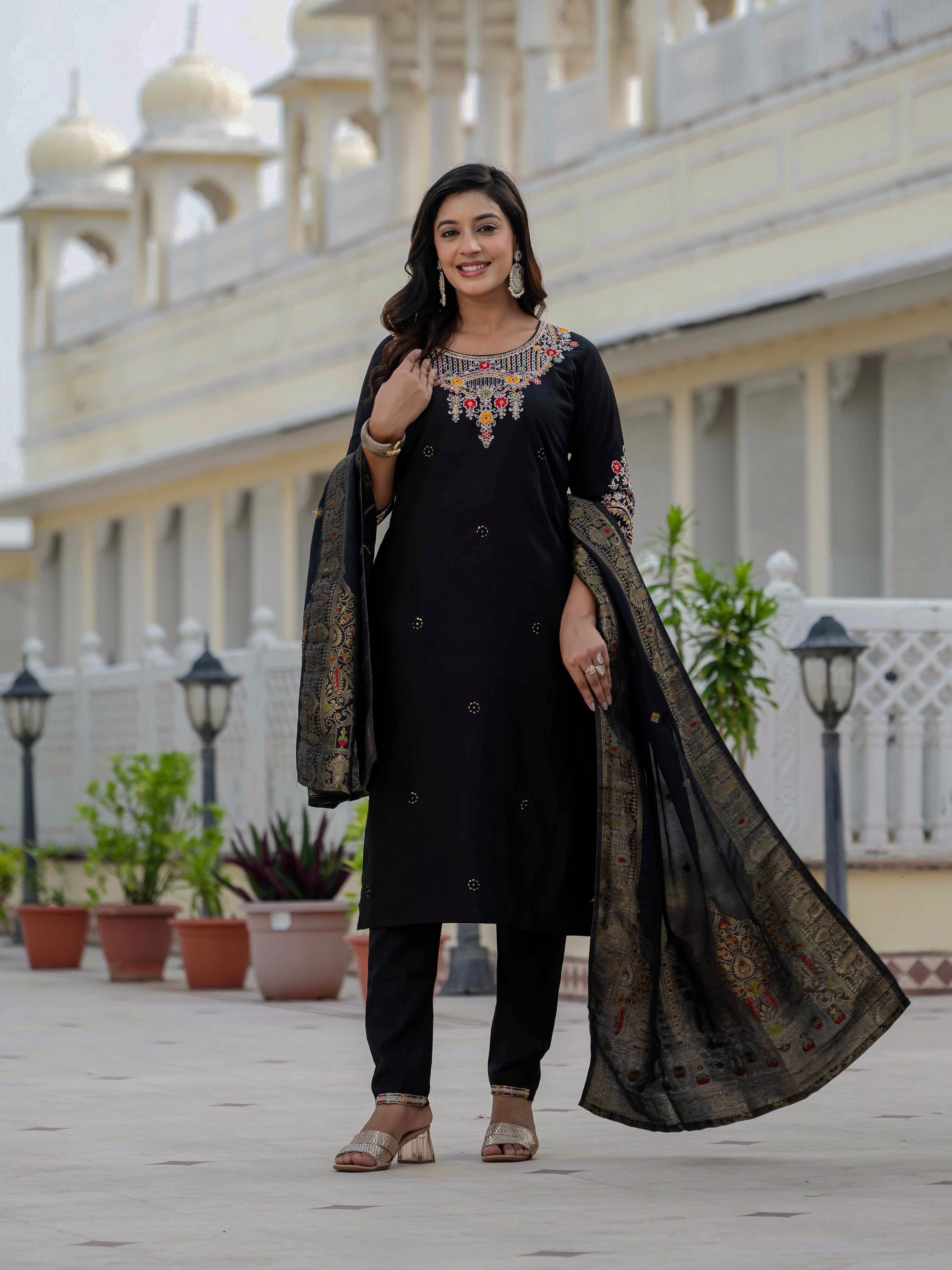 Premium Roman Silk Embroidered Straight Kurti Set – Black
