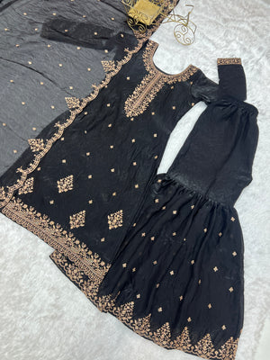 Crunchy Silk Embroidered Kurta-Sharara Set – Black