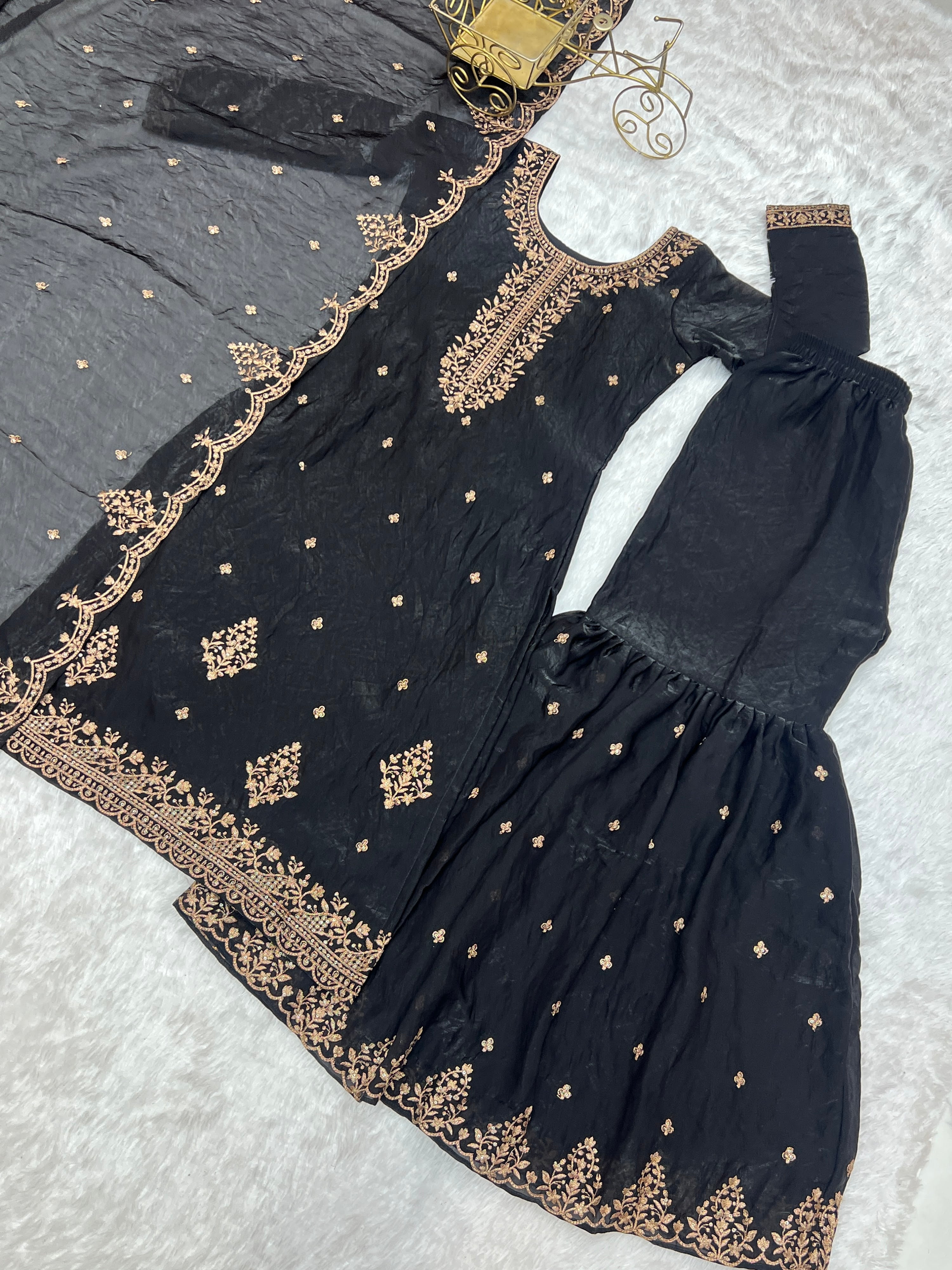 Crunchy Silk Embroidered Kurta-Sharara Set – Black