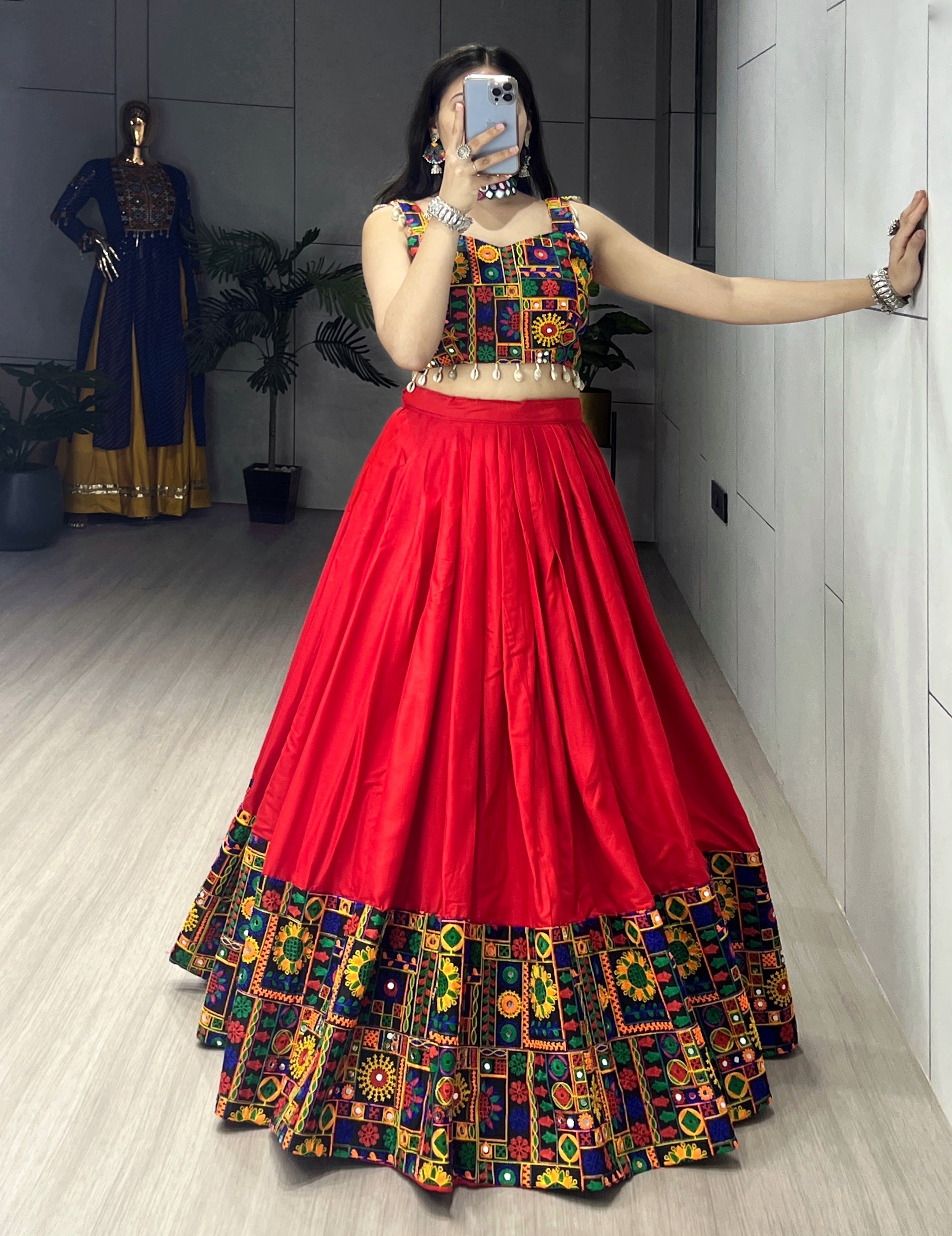 Navratri Red Gamthi Mirror Work Lehenga Set