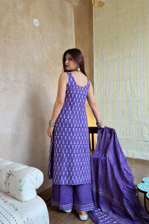 Rayon Slub Printed Kurta Pant Dupatta Set – Purple