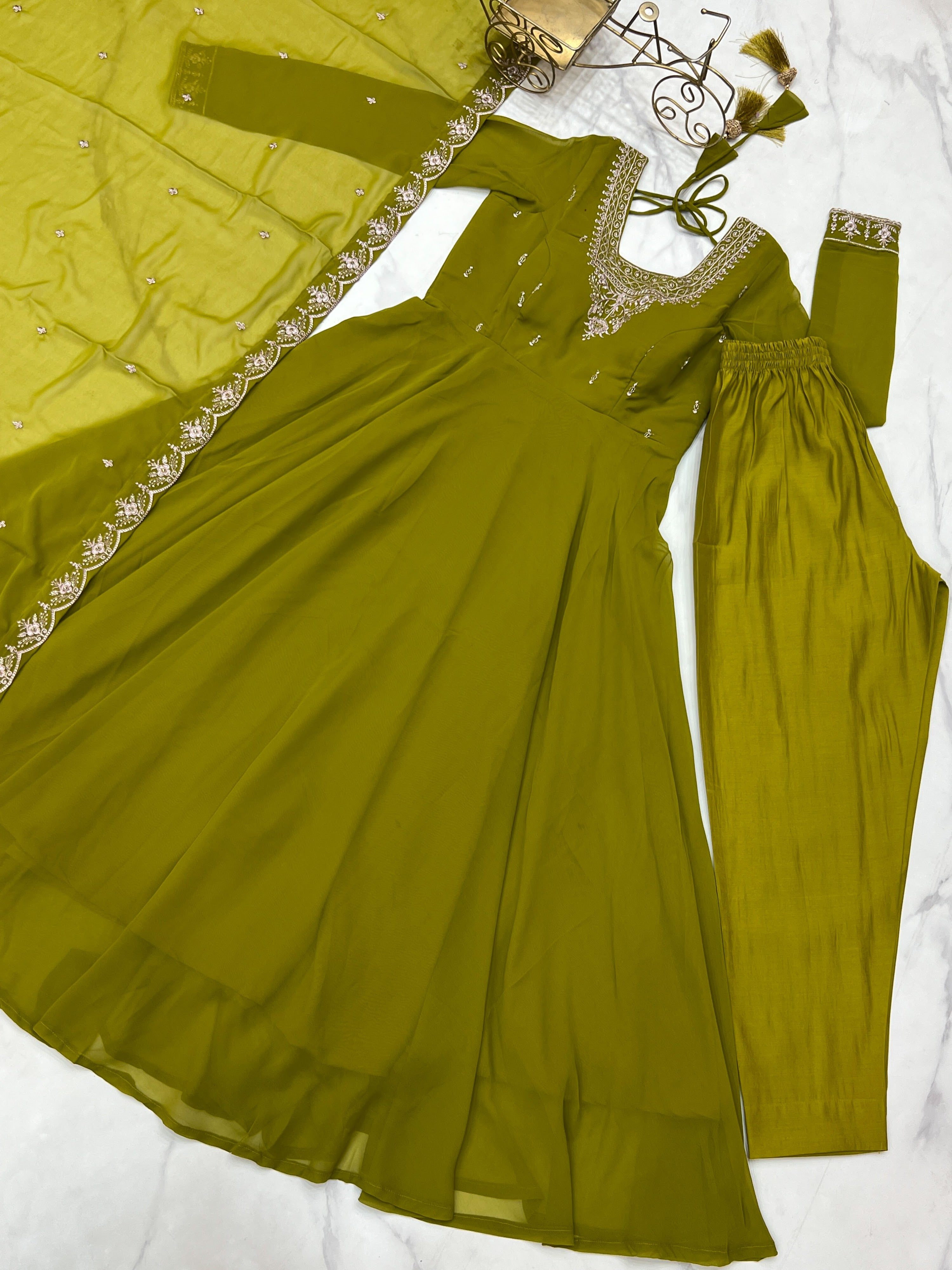 Georgette Embroidered Anarkali Set – Mehndi Green