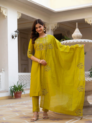 Pure Viscose Mango Silk Embroidered Straight Kurti Set – Yellow